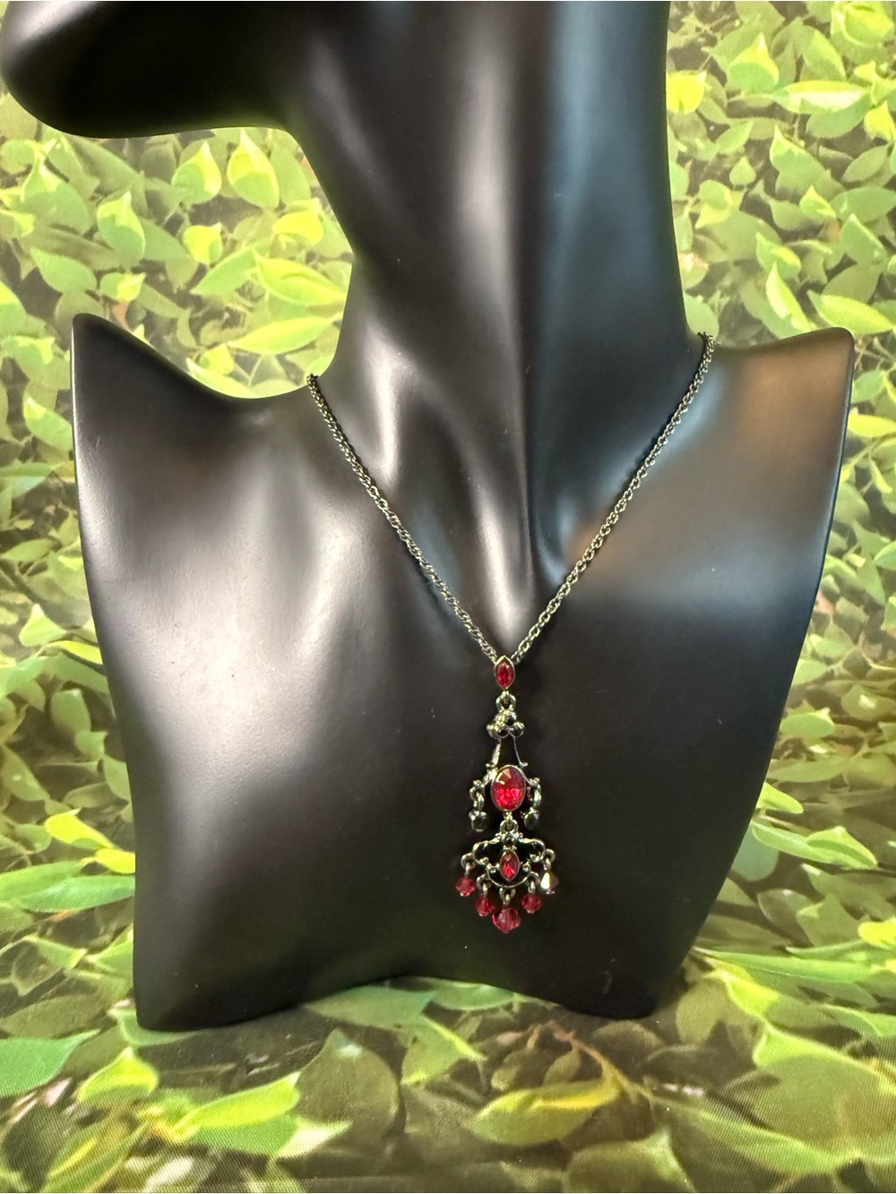 Vintage 1928 Jewelry Co. Red Rhinestone Chandelier Drop Necklace
